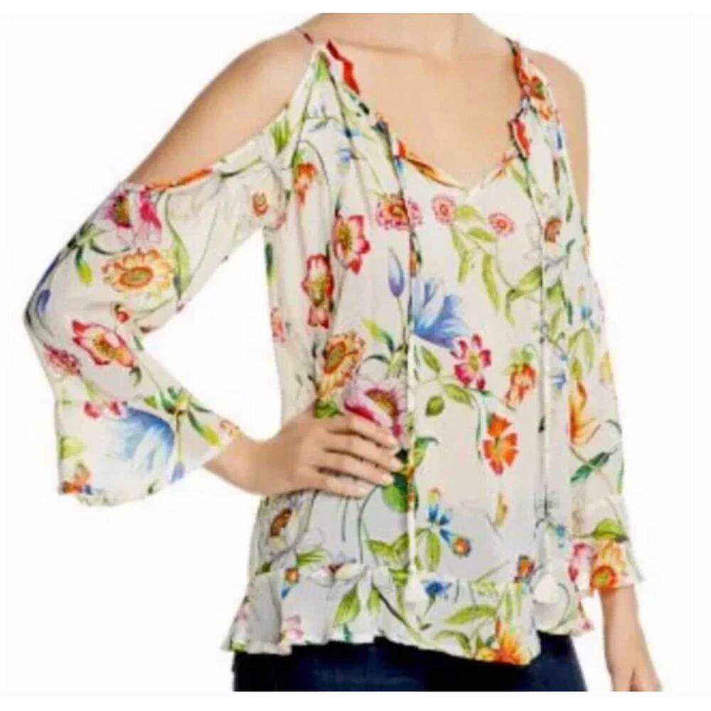 Johnny Was Silk Blend Cold Shoulder Floral Top S Boho Flowy